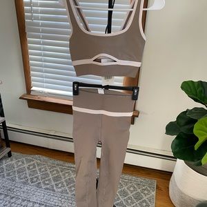 Tan and Light Pink Fabletics Workout Set with Cutouts